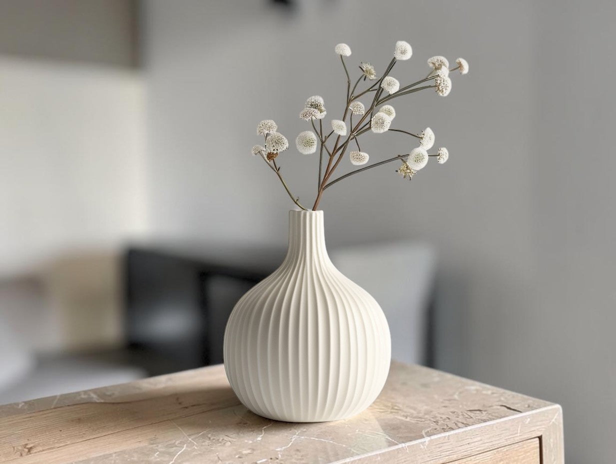 Selone Modern Nordic Ribbed Ceramic Vase - Minimalist Matte Decorative Flower Vase for Living Room Mantel, Pampas Grass, and Home Decor