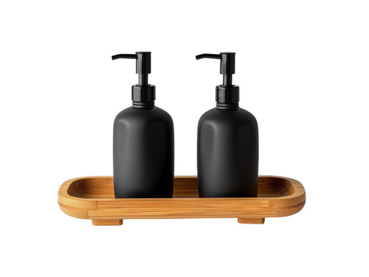 Selone Minimalist Matte Ceramic Soap Dispenser Set - Refillable Hand Soap and Lotion Pump Bottles with Natural Bamboo Tray for Bathroom and Kitchen